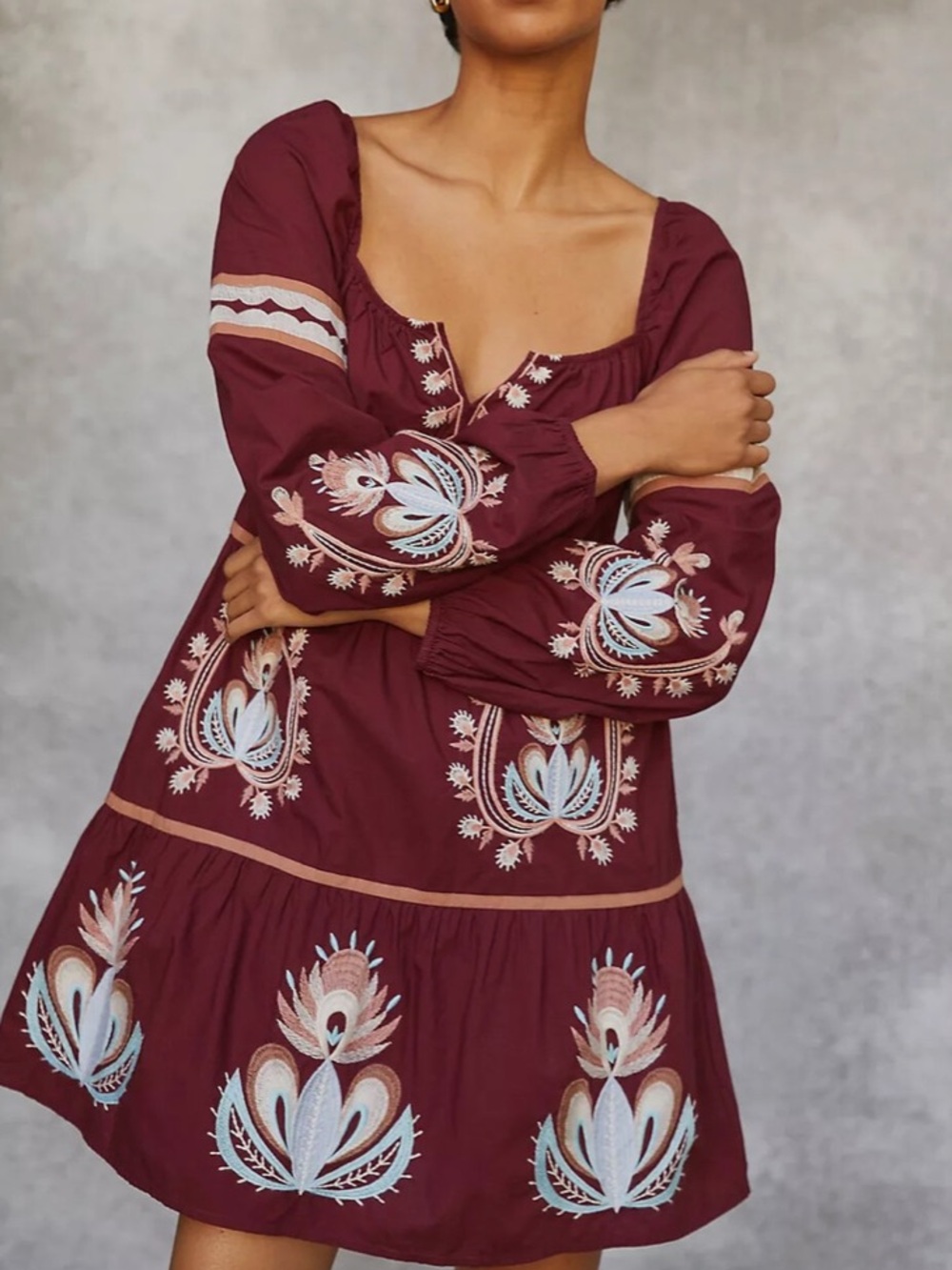Anthropologie Let Me Be Burgundy Floral Embroidered Tunic Babydoll Dress - Picture 10 of 10